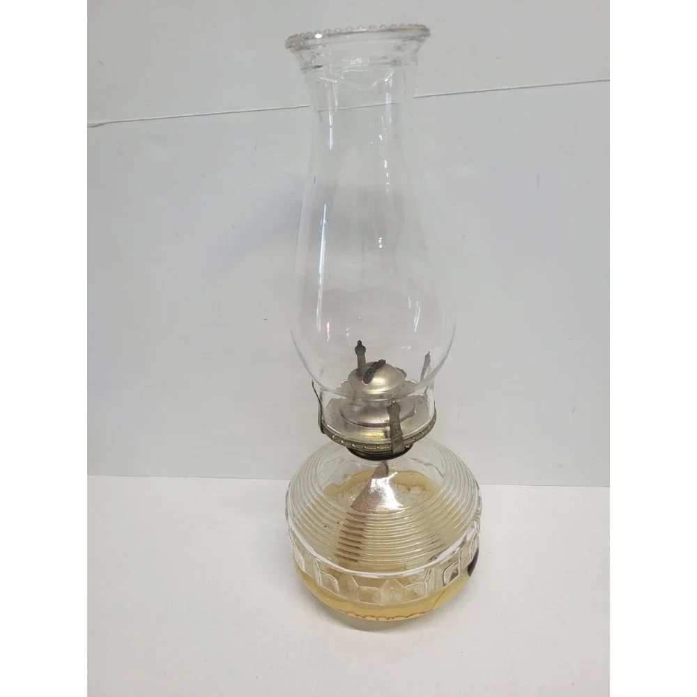 Vintage Clear Glass Oil Lamp Ribbed Geometric Base‎ Hurricane Chimney 13.5 Inch